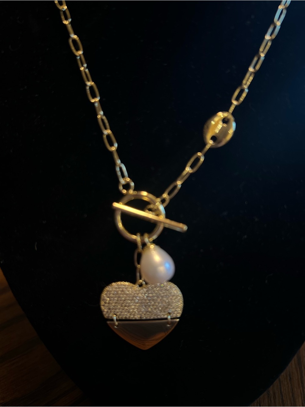 Amazon Gold-Tone Heart Pendant Necklace with Pearl and Pave Crystals